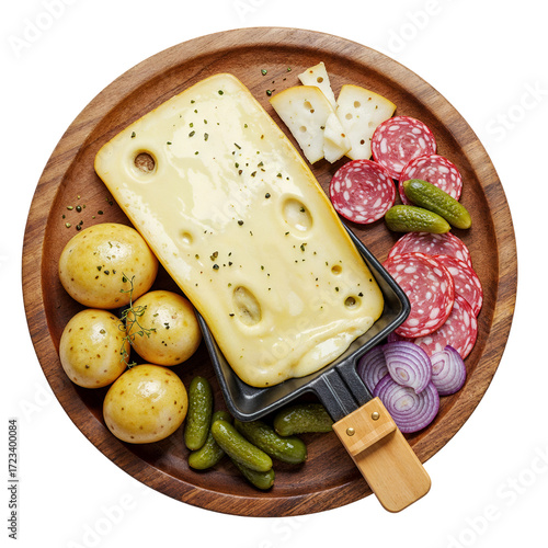 Raclette French melted cheese dish, isolated on transparent background, png