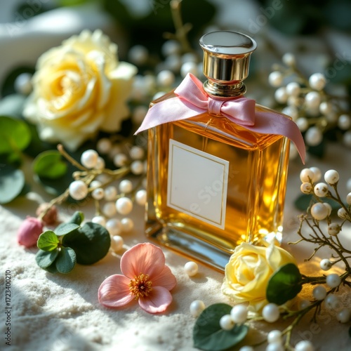Captivating perfume bottle surrounded by delicate floral arrangements and pearls.