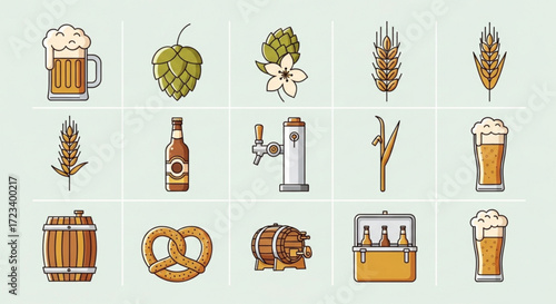 A set of beer icons, including a mug, hops, wheat, barrel, pretzel, and cooler, perfect for a brewery or bar