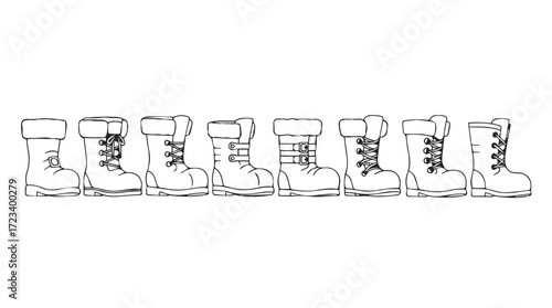 Row of combat boots lined up side by side representing military service and protection silhouette