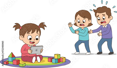 Child engrossed in tablet, parents concerned, colorful blocks nearby, digital age.