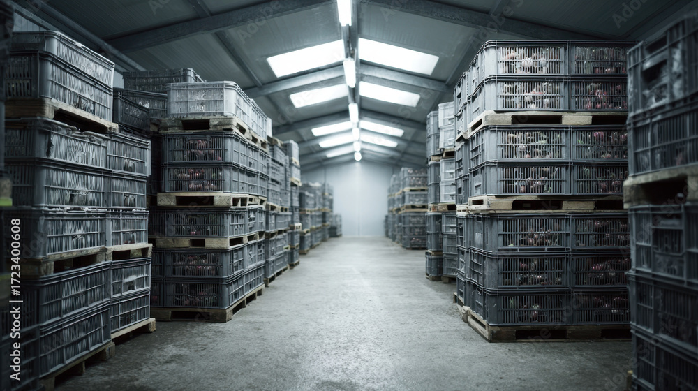 Fototapeta premium Stacks of plastic crates filled with vegetables stored in a controlled atmosphere warehouse