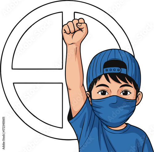 Child in Blue Cap and Mask with Raised Fist in Protest