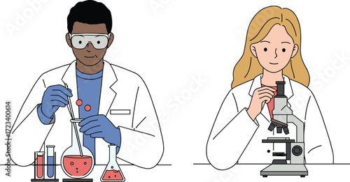 Scientists in laboratory conducting chemistry and biology experiments, microscope analysis, chemical testing, teamwork, research, science education, lab safety, innovation
