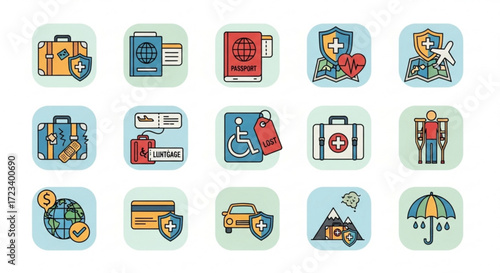 Collection of travel insurance icons, depicting various aspects of coverage, including luggage protection, passport security, medical assistance, and travel safety