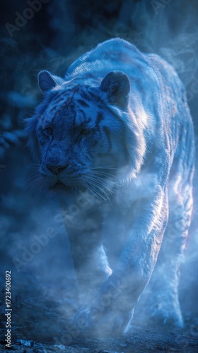 A majestic white tiger emerges from a mystical blue-toned mist, its form ethereal and captivating.