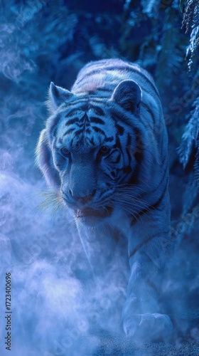 A majestic, white tiger prowls through a mystical, blue-hued forest shrouded in thick smoke.