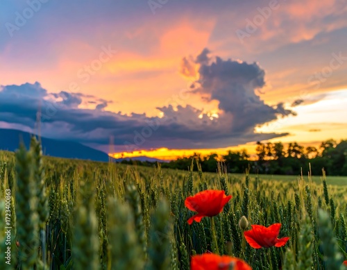 Wheat field poppies sunset