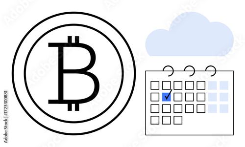 Bitcoin sign next to a calendar with a marked date and a cloud, representing cryptocurrency planning, blockchain technology, finance management, investment timing, digital innovation, online systems