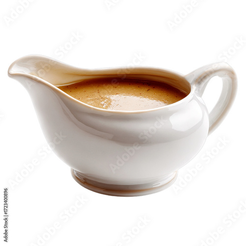 Gravy boat filled with brown turkey gravy. Isolated white background. Png format