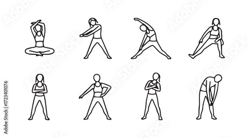 Diverse fitness poses collection demonstrating various stretching and exercise movements for health silhouette