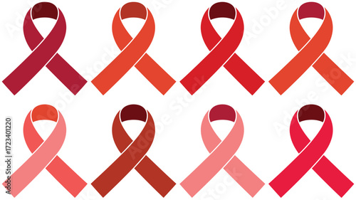 Eight awareness ribbons in varying shades of red and pink displayed on a white background neatly arranged
