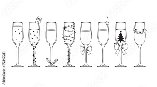 Collection of festive champagne glasses decorated for holiday celebration and parties silhouette
