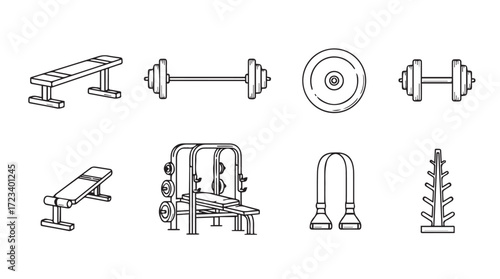 Collection of gym equipment icons for fitness and workout training elements silhouette