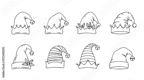 Collection of hand-drawn christmas elf hats and santa hats for festive decorations silhouette