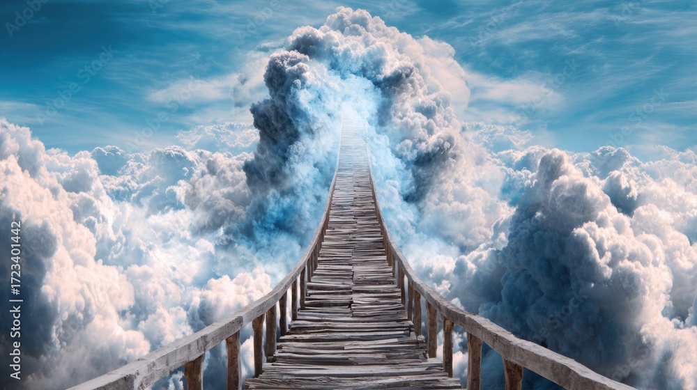 Fototapeta premium Ethereal Bridge to Uncertainty - Surreal Conceptual Symbolism of a Bridge Dissolving Into Clouds Mid-Span