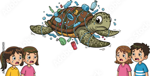 Entangled Sea Turtle and Distressed Children Witnessing Ocean Pollution