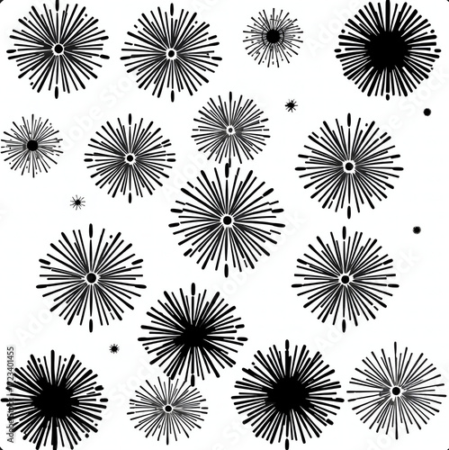 Minimalist black fireworks burst vector icons set on white background, festive happy new year celebration design elements.”