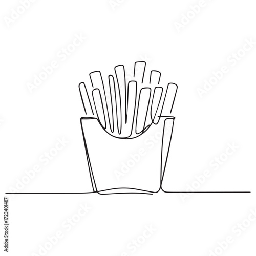 Continuous Simple black line art drawing of a french fry in a minimalist style on a white background.