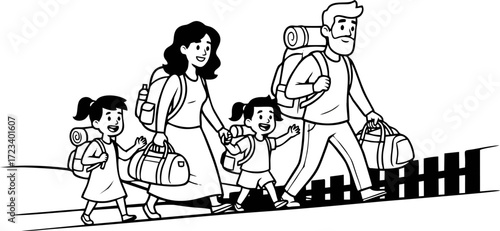 Family Hiking Adventure: Cheerful Group with Backpacks on a Journey