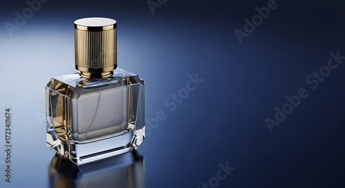 Luxurious rectangular glass perfume bottle with a glossy golden cap placed on a dark reflective surface with dramatic blue lighting.