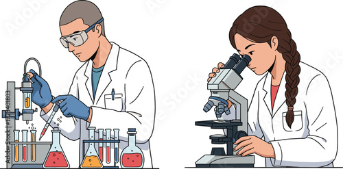Scientists in laboratory, chemical research, microscope analysis, pipette experiment, scientific teamwork, biotechnology lab, medical testing, science equipment, clinical study, innovation