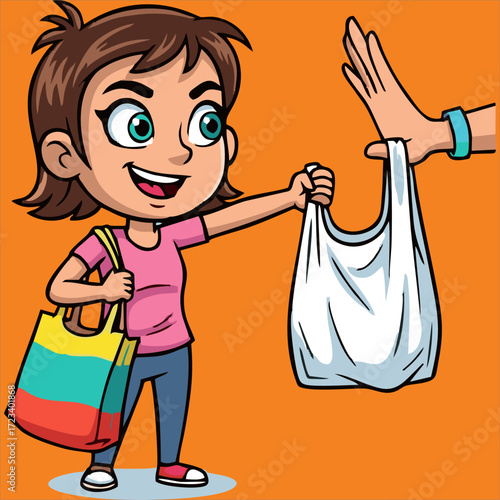 Girl Refusing Plastic Bag, Choosing Reusable Tote