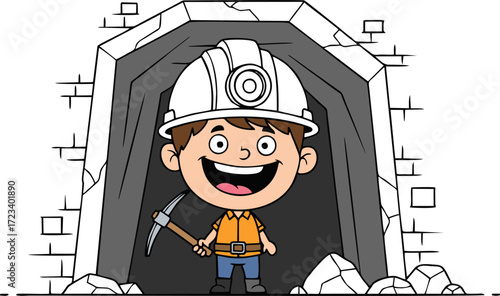 Happy Cartoon Miner Child in a Dark Cave