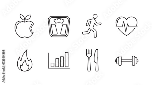 Collection of hand-drawn line art icons representing healthy lifestyle and fitness silhouette
