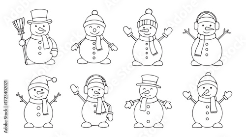 Charming collection of eight hand-drawn snowman characters for winter holiday designs silhouette