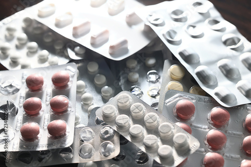 packages of medicines and pills, medical background