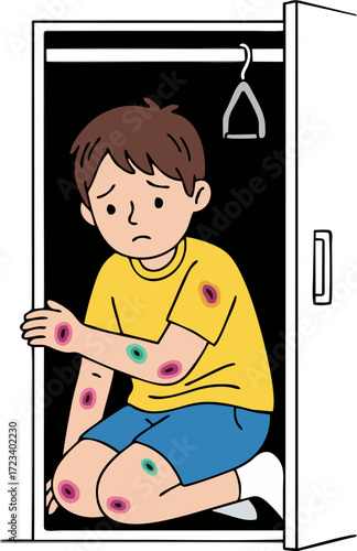 Sad Boy Hiding in Closet with Bruises and Scratches