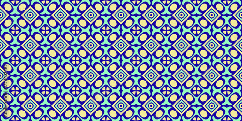 A symmetrical geometric textile pattern featuring interlocking diamond shapes in blue and cream.