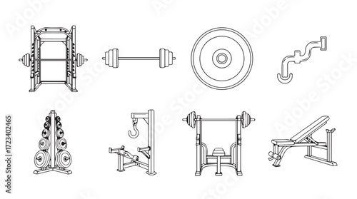 Vintage gym equipment collection set diverse fitness machines retro workout tools silhouette