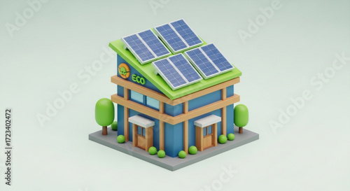 Ecofriendly building with solar panels on the roof, showcasing sustainable energy and green architecture, , promoting environmental awareness