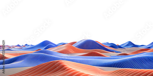 Abstract landscape with blue and orange dunes isolated on transparent background, 3d rendering illustration