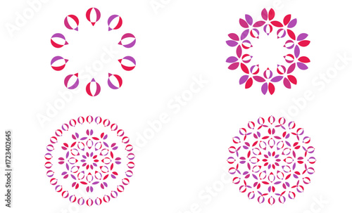 Set of colorful circular mandala flower patterns with geometric symmetry. Abstract decorative floral design elements for backgrounds, wallpapers, textiles, digital art, and creative projects.