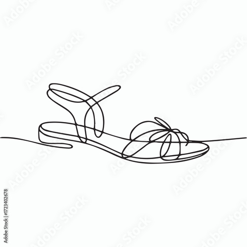 Continuous Simple black line art drawing of a gladiator sandals in a minimalist style on a white background.