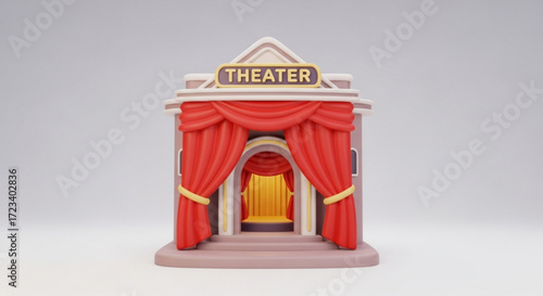 A charming 3d render of a theater building with red curtains and a golden interior, this image is perfect for any design