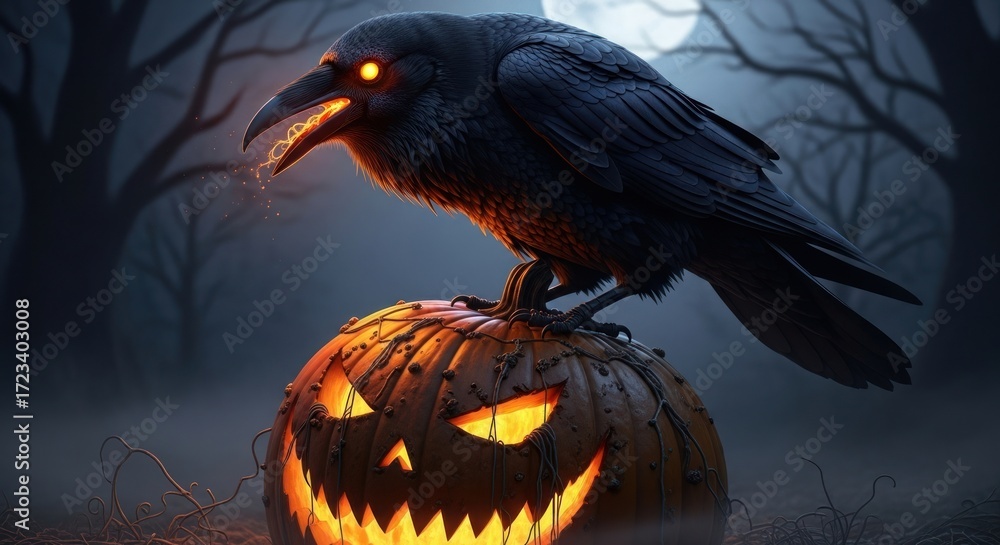 Obraz premium Glowing eyed raven perched atop a spooky jack o lantern in a dark halloween night