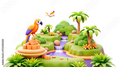 A vibrant 3d illustration of a tropical paradise with a waterfall, parrot, and lush greenery isolated on transparent background