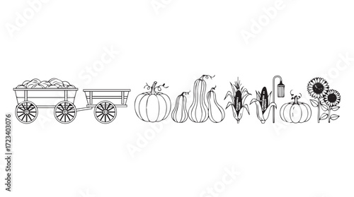Vintage autumn harvest icons featuring wagons pumpkins corn cobs and vegetables in detailed line art silhouette