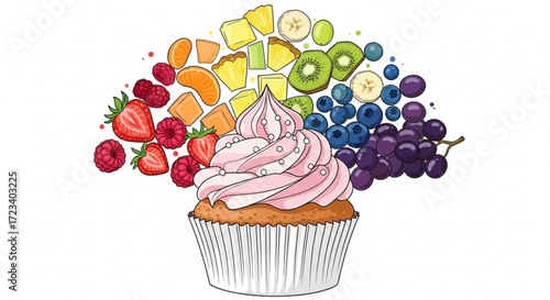 Colorful cupcake with rainbow fruit toppings, a delightful treat that combines sweetness with a variety of fresh flavors