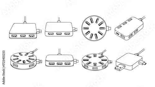Set of hand drawn line art diagrams of electrical connectors and modules for technical documentation silhouette