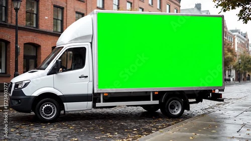 Delivery truck with large green screen side panel for customizable advertising drives through busy urban street, versatile commercial vehicle and mobile billboard for branding