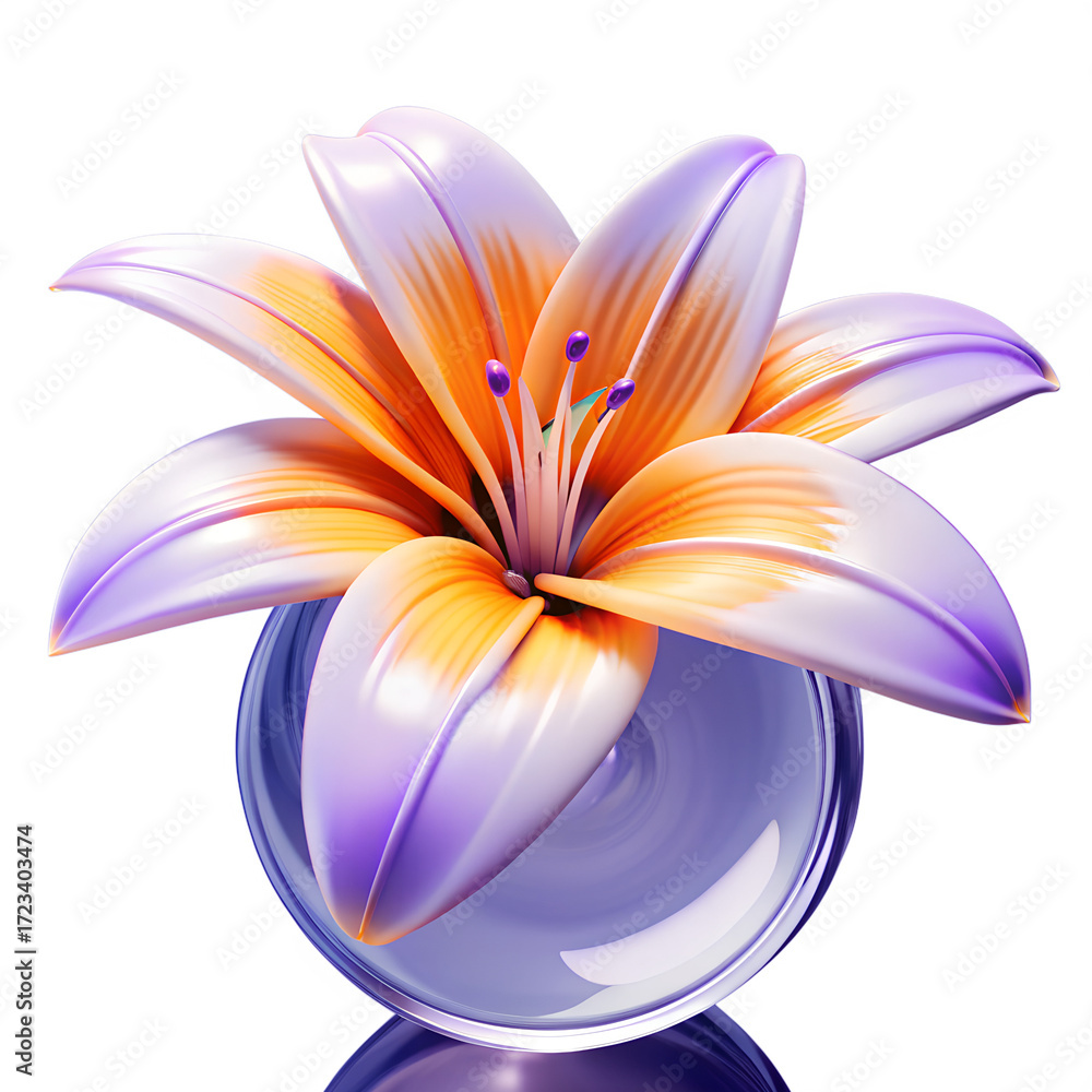 Fototapeta premium A captivating lily with orange and purple petals in a glass vase, isolated on transparent background