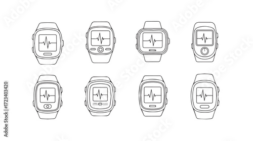 Collection of stylized digital watch designs with futuristic display icons and straps silhouette