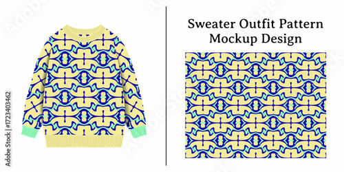 This sweater outfit pattern mockup design showcases a unique geometric textile print on a garment.