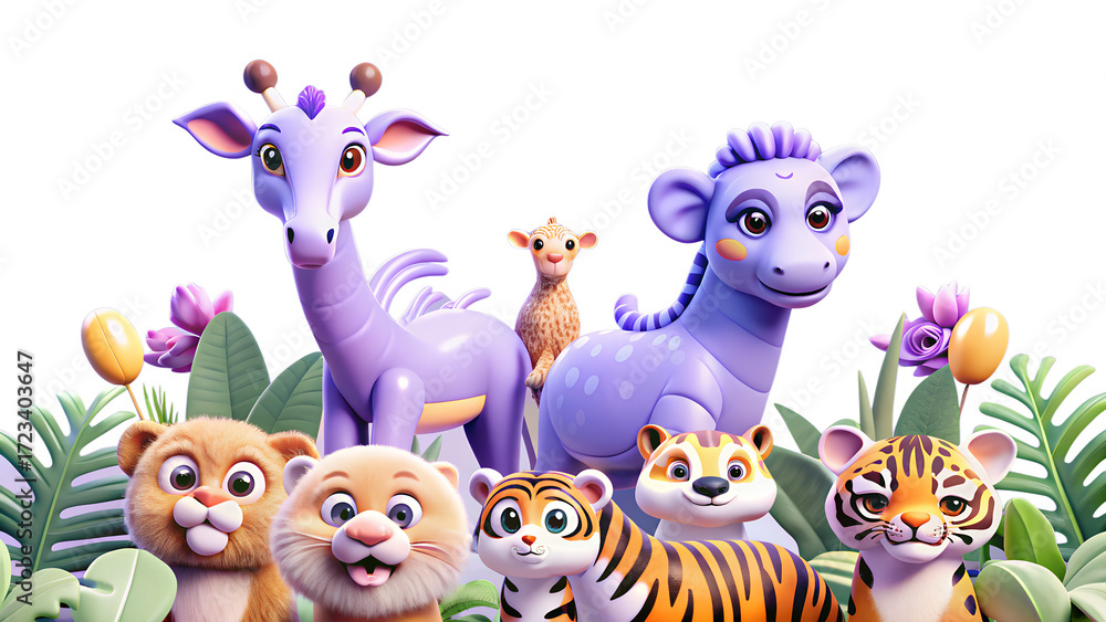 Naklejka premium A group of adorable cartoon animals isolated on transparent background, including tigers, giraffe and lion cubs