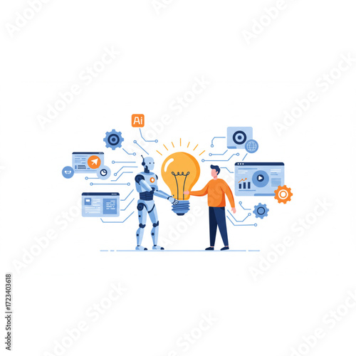 Human and robot collaborate on innovative idea symbolized by a glowing lightbulb, representing AI partnership and technological advancement